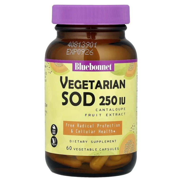 Bluebonnet Nutrition, Супероксиддисмутаза из экстракта плодов канталупы, 250 МЕ, 60 растительных капсул
