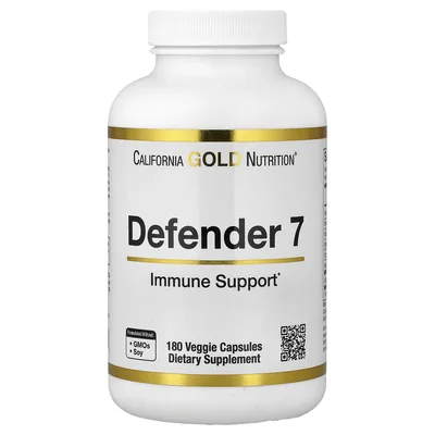 California Gold Nutrition, Defender 7, добавка с витаминами A, C, D3 и B6, цинком, селеном и бета-глюканом, 180 растительных капсул