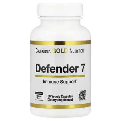 California Gold Nutrition, Defender 7, добавка с витаминами A, C, D3 и B6, цинком, селеном и бета-глюканом, 60 растительных капсул