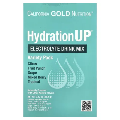 California Gold Nutrition, HydrationUP®, смесь для приготовления напитка с электролитами, с лактатом кальция, витаминами C и E, ассорти вкусов, 20 пакетиков по 4–4,8 г (0,14–0,17 унции)