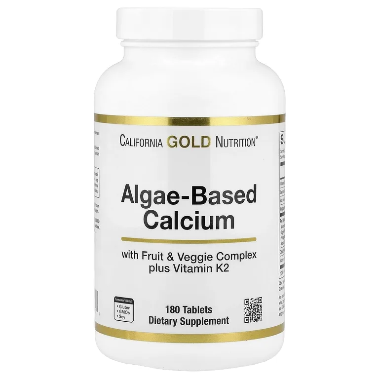 California Gold Nutrition, кальций из водорослей с витамином D3 и магнием, органическая клубника, малина и голубика, 180 таблеток