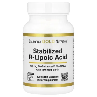 California Gold Nutrition, стабилизированная R-липоевая кислота с Na-RALA Bio-Enhanced® и биотином, 120 растительных капсул