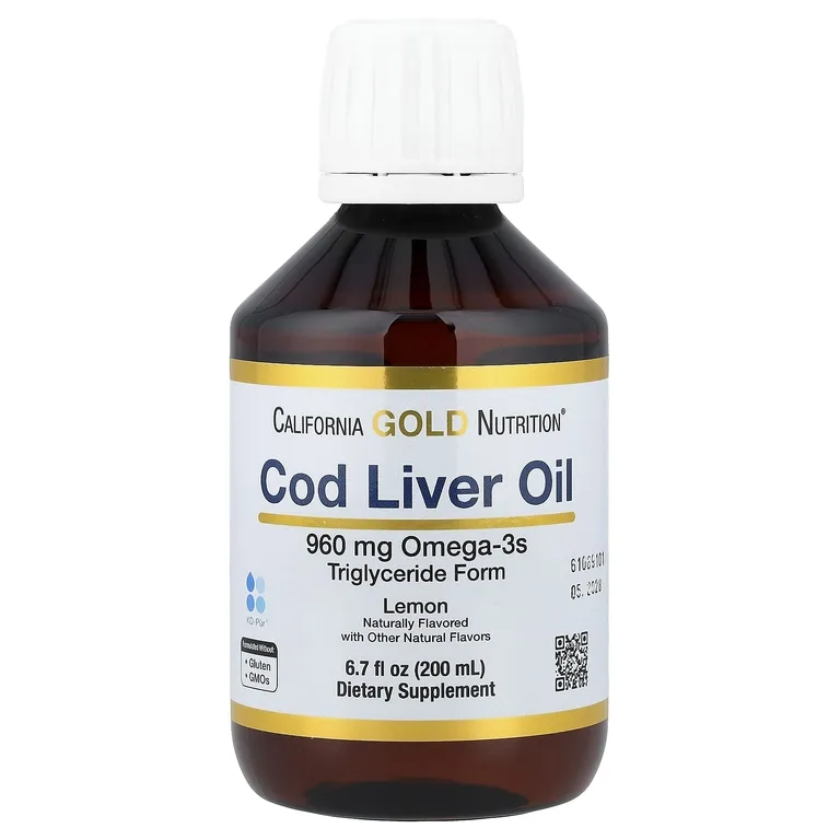 California Gold Nutrition, жир из печени трески с омега-3 жирными кислотами, ЭПК, ДГК, витаминами A и D, норвежский, в форме триглицеридов, натуральный лимонный вкус, 200 мл (6,7 жидк. унции)