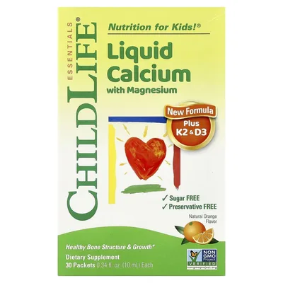 ChildLife Essentials, жидкий кальций с магнием + витамины K2 и D3, натуральный апельсин, 30 пакетиков, 10 мл (0,34 жидк. унции)