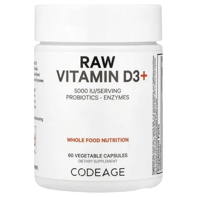 Codeage, Необработанный витамин D3 +, 60 растительных капсул