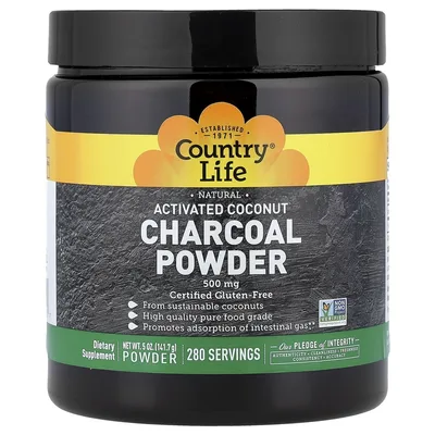 Country Life, Активированный кокосовый уголь в порошке, 500 мг, 141,7 г (5 унций)