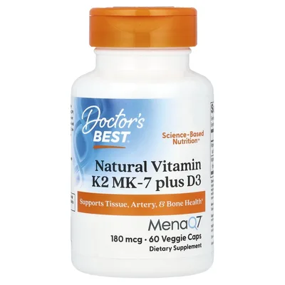 Doctor's Best, Натуральный витамин K2 в форме MK-7 + витамин Д3, 180 мкг, 60 растительных капсул