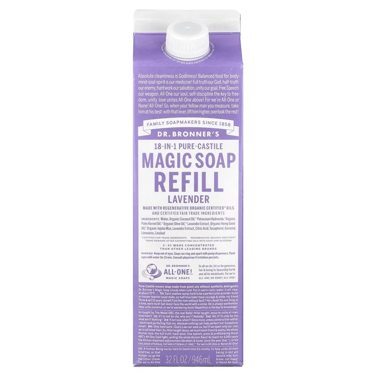 Dr. Bronner's, Pure-Castile Magic Soap, 18 в 1, сменная упаковка, лаванда, 946 мл (32 жидк. унции)