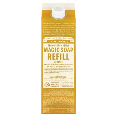 Dr. Bronner's, Pure-Castile Magic Soap, 18 в 1, сменная упаковка, с цитрусовым ароматом, 946 мл (32 жидк. унции)