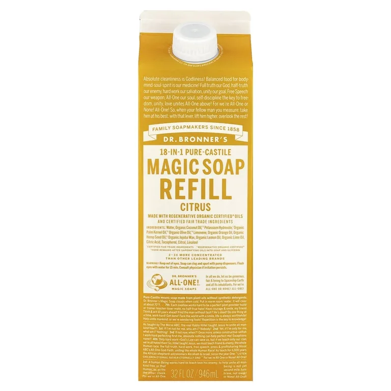 Dr. Bronner's, Pure-Castile Magic Soap, 18 в 1, сменная упаковка, с цитрусовым ароматом, 946 мл (32 жидк. унции)