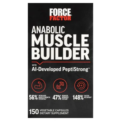 Force Factor, анаболическое средство для наращивания мышечной массы с PeptiStrong™, разработанной искусственным интеллектом, 150 растительных капсул