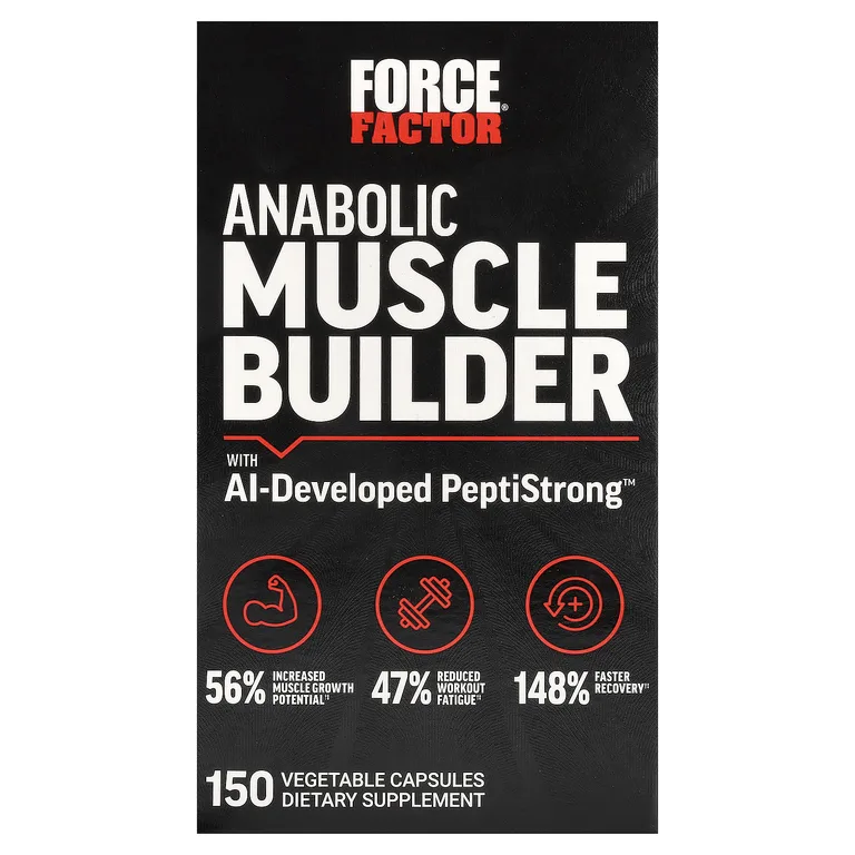 Force Factor, анаболическое средство для наращивания мышечной массы с PeptiStrong™, разработанной искусственным интеллектом, 150 растительных капсул