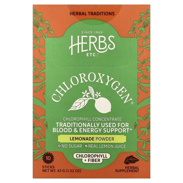 Herbs Etc., ChlorOxygen®, порошок из хлорофилла и клетчатки, со вкусом лимонада, 10 стик-пакетов по 4,3 г (0,15 унции)