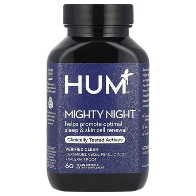 HUM Nutrition, Mighty Night ™, керамиды, коэнзим Q10, феруловая кислота и корень валерианы, 60 веганских мягких таблеток