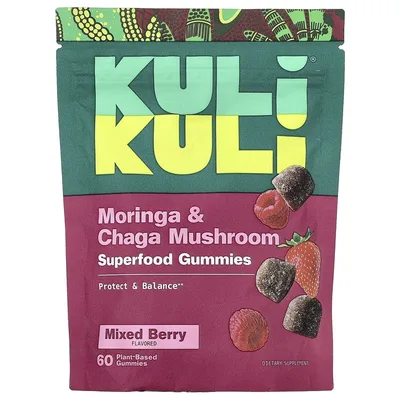 Kuli Kuli, жевательные таблетки с суперфудами, моринга и чага, вкус ягодного ассорти, 60 жевательных таблеток на растительной основе