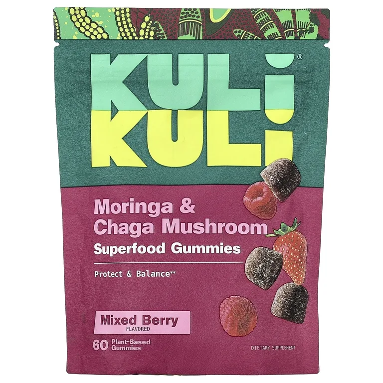 Kuli Kuli, жевательные таблетки с суперфудами, моринга и чага, вкус ягодного ассорти, 60 жевательных таблеток на растительной основе