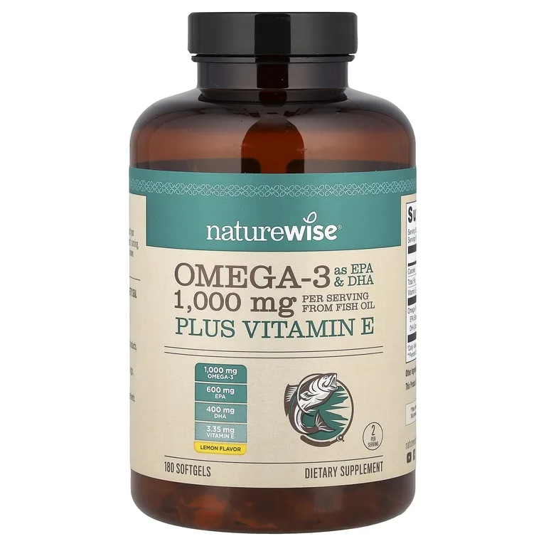 NatureWise, омега-3 с витамином E, лимон, 180 капсул