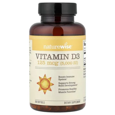 NatureWise, витамин D3, 125 мкг (5000 МЕ), 360 капсул