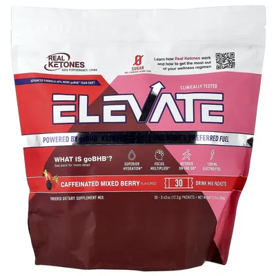 Real Ketones, Elevate, смесь ягод с кофеином, 30 пакетиков с напитком, 12,2 г (0,43 унции)