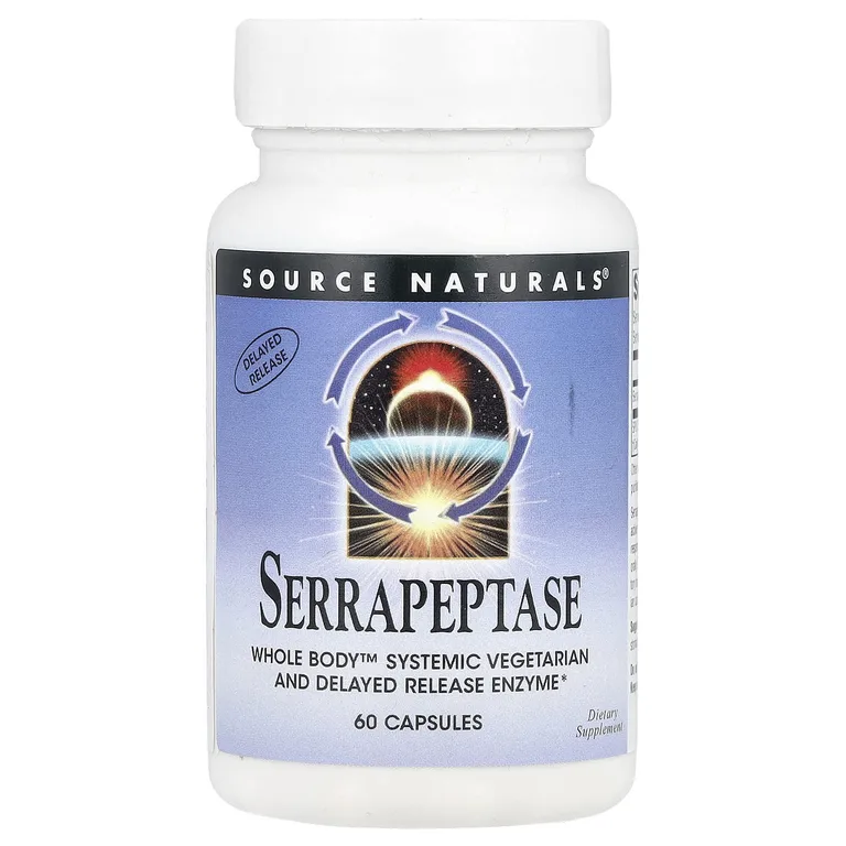 Source Naturals, Серрапептаза, 60 капсул (60 000 SPU единицы активности серрапептазы в 1 капсуле)