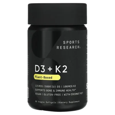 Sports Research, витамины D3 и K2, растительная добавка, 125 мкг/100 мкг, 60 растительных капсул