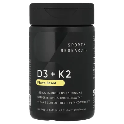 Sports Research, витамины D3 и K2, растительная добавка, 30 растительных капсул