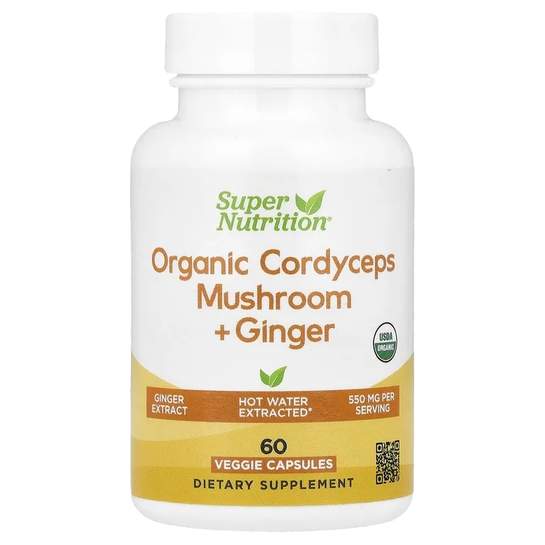 Super Nutrition, органический гриб кордицепс с имбирём, 60 вегетарианских капсул