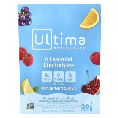 Ultima Replenisher, 6 незаменимых электролитов, смесь для приготовления напитка с электролитами, для ежедневного приёма, классическое ассорти вкусов, стики по 3,2 г (0,11 унции)