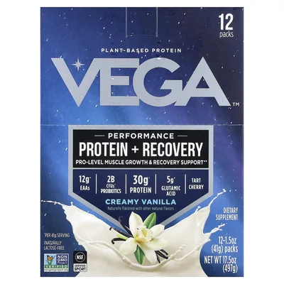Vega, Растительный протеин, протеин для повышения эффективности и восстановления, кремовая ваниль, 12 пакетиков по 41 г (1,5 унции)