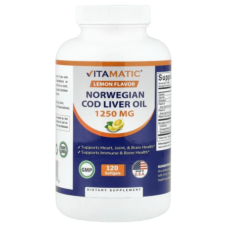 Vitamatic, жир из печени норвежской трески, лимонный вкус, 120 капсул